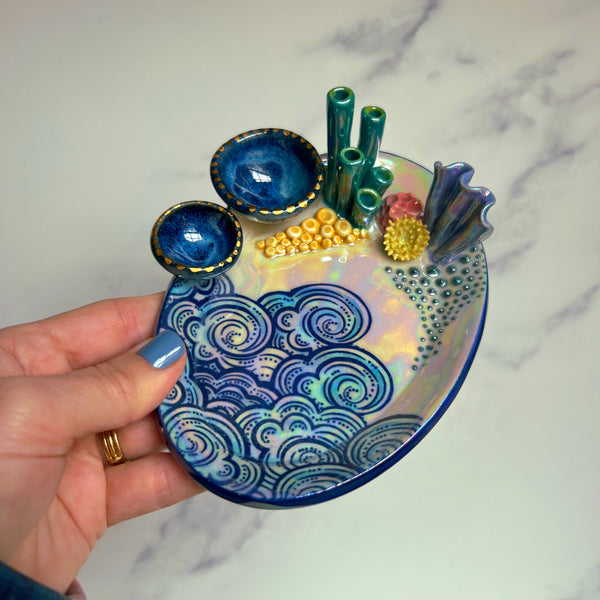 Oval Coral Reef Dish with 2 Mini Bowls Iridescent Cloud Altar Ring Jewelry Tray D