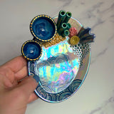 Oval Coral Reef Dish with 2 Mini Bowls Iridescent Cloud Altar Ring Jewelry Tray D