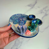 Oval Coral Reef Dish with 2 Mini Bowls Iridescent Cloud Altar Ring Jewelry Tray D