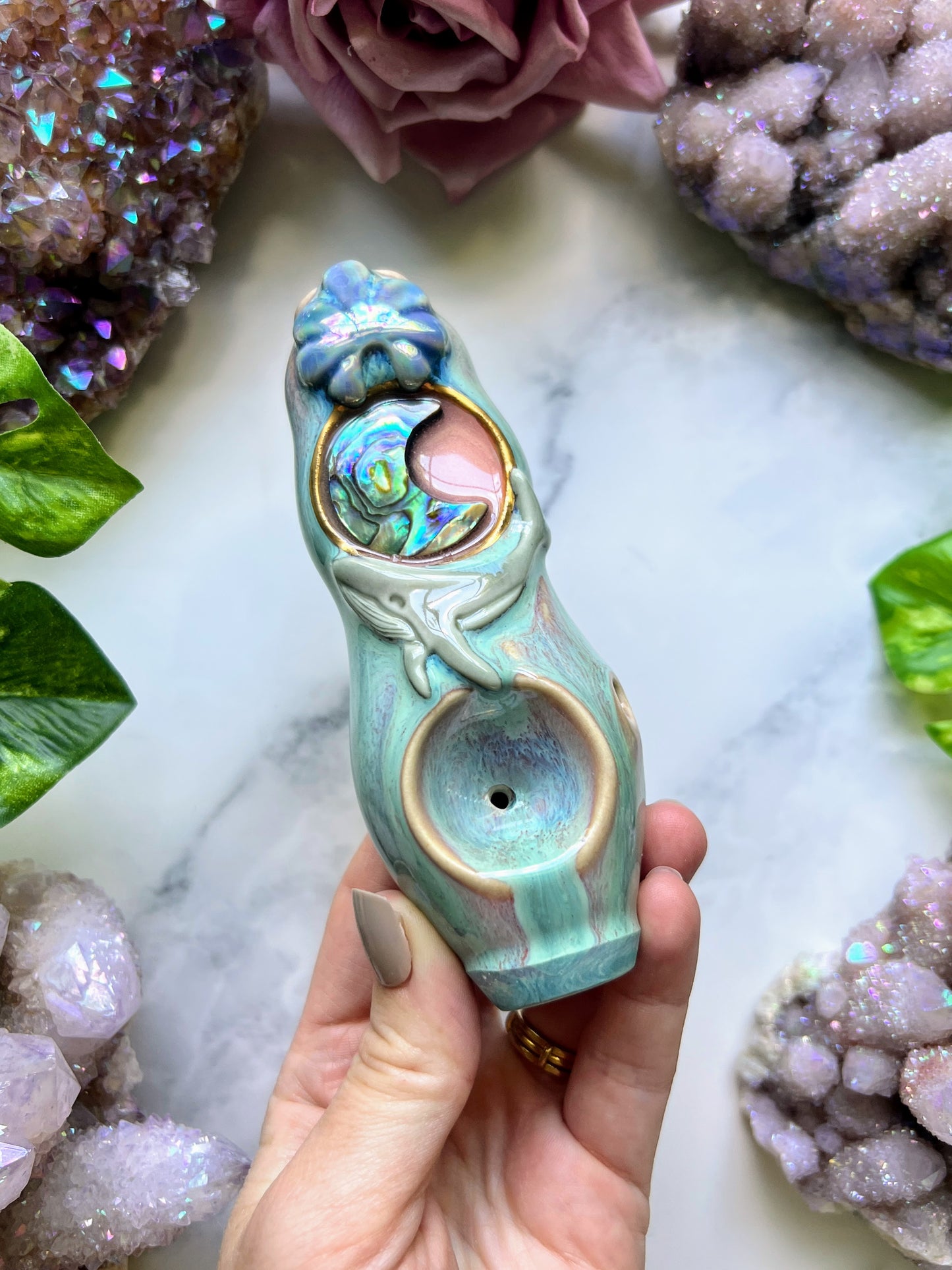 IMPERFECT Abalone Moon Pipe with Whale Ceramic Porcelain Smoking Pipe Clay Pipe