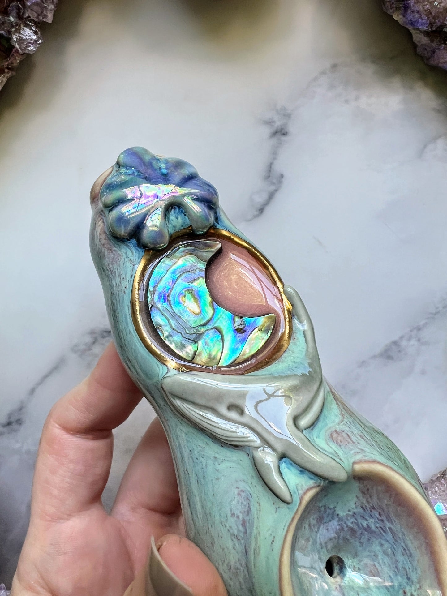 IMPERFECT Abalone Moon Pipe with Whale Ceramic Porcelain Smoking Pipe Clay Pipe