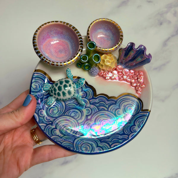 Sea Turtle Coral Reef Dish with 2 Mini Bowls Iridescent Cloud Altar Ring Jewelry Tray B