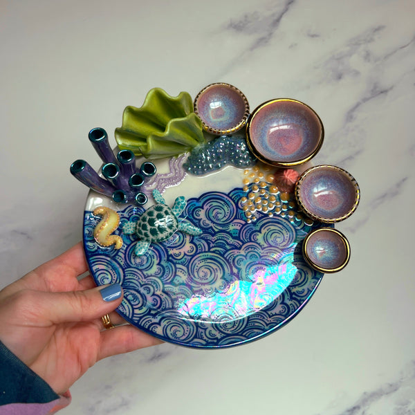 Sea Turtle Coral Reef Dish with 4 Mini Bowls Iridescent Cloud Altar Ring Jewelry Tray A