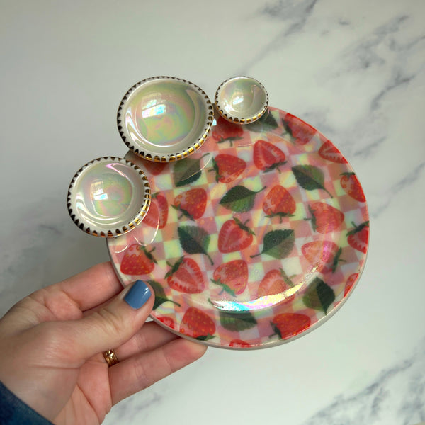 3 Dish Strawberry Tray, Iridescent Altar Ring Jewelry Dish