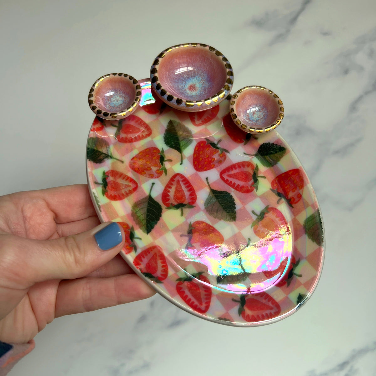 Oval Strawberry Dish, Iridescent Altar Ring Jewelry Tray 3 lil Dishes A