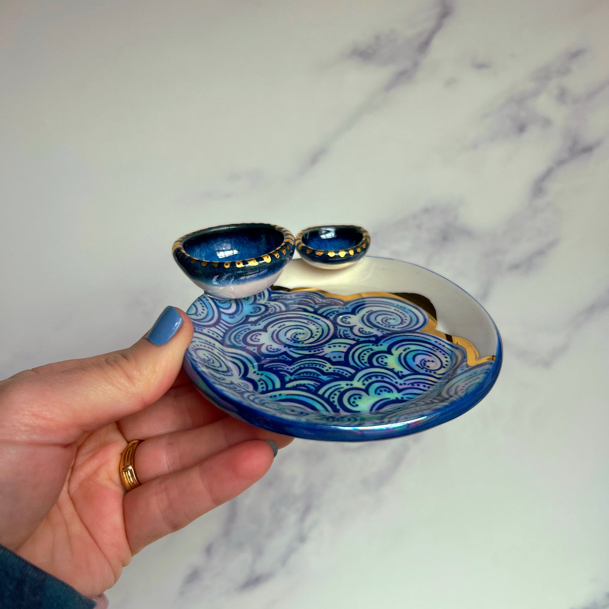 2 Dish Cloud Tray, Iridescent Altar Ring Jewelry Tray Blue Dishes F
