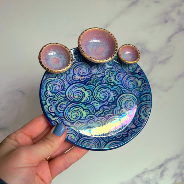 3 Dish Cloud Dish, Iridescent Altar Ring Jewelry Tray Pink Dishes D