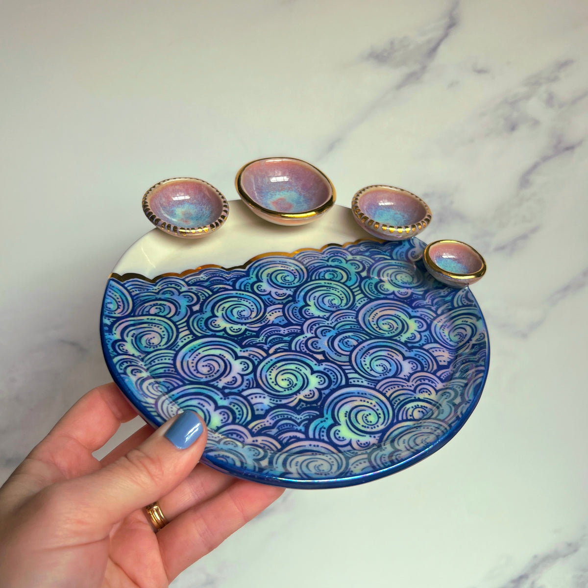 4 Dish Cloud Dish, Iridescent Altar Ring Jewelry Tray Pink Dishes C