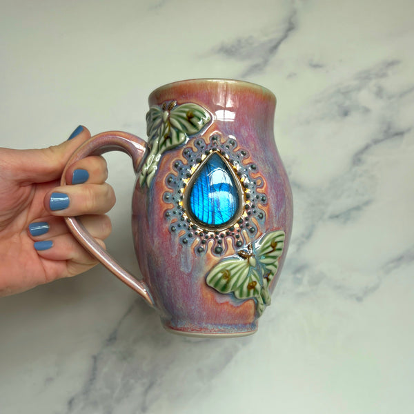 Labradorite Luna Moth Mug, Textured Pink Pottery Mug
