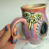 Labradorite Luna Moth Mug, Textured Pink Pottery Mug