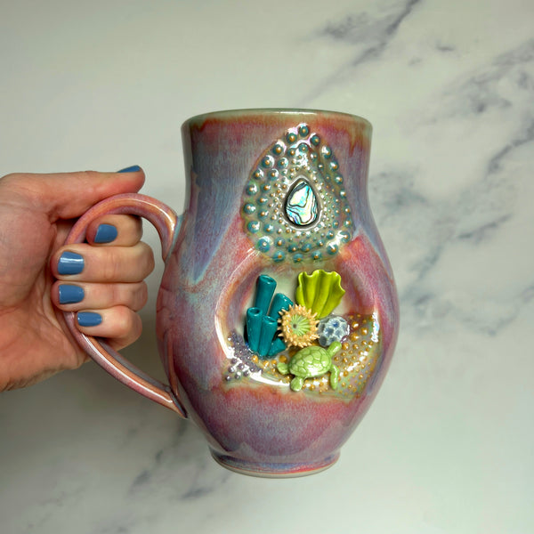 Coral Reef Mug, Sea Turtle Porcelain Coffee Mug Pottery Mug Pink