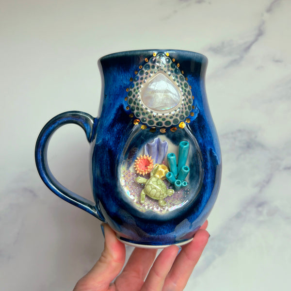 Coral Reef Mug Moonstone Crystal Mug, Sea Turtle Pottery