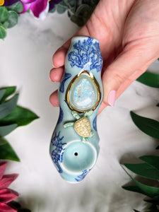 Blue Moonstone Pipe with Turtle and Sea Creatures Porcelain Smoking Pipe Clay Pipe