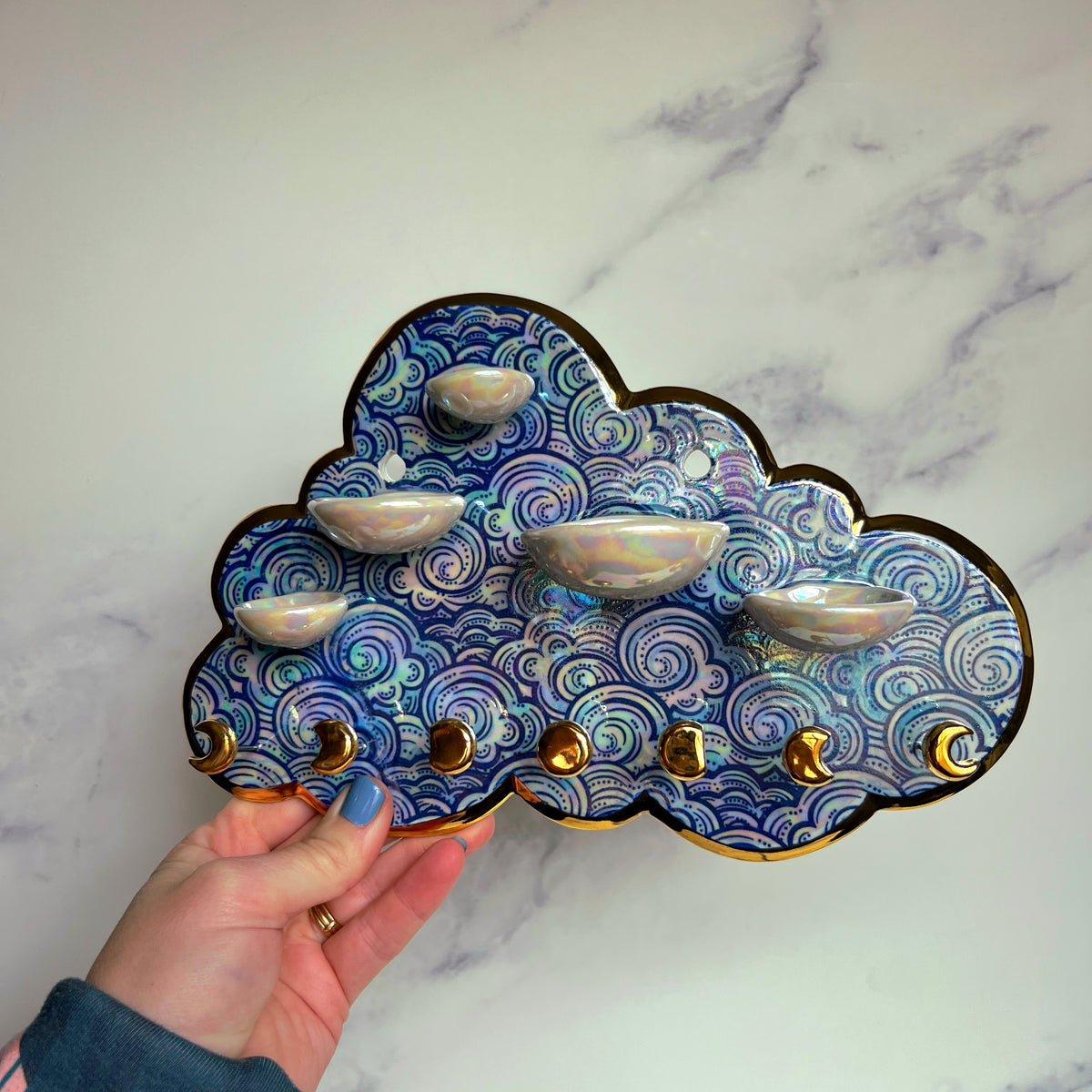 IMPERFECT 5 Dish Cloud Jewelry Wall Hanging Necklace Display with Ring Dishes C