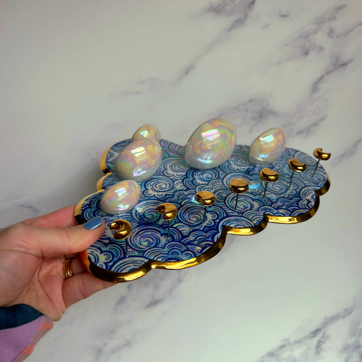 IMPERFECT 5 Dish Cloud Jewelry Wall Hanging Necklace Display with Ring Dishes C