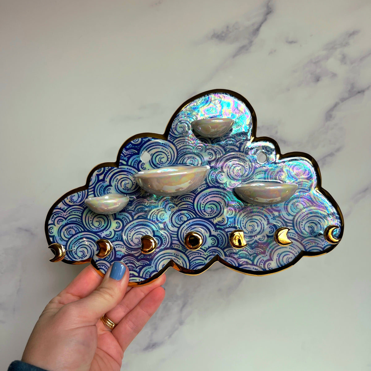 4 Dish Cloud Jewelry Wall Hanging Necklace Display with Ring Dishes E