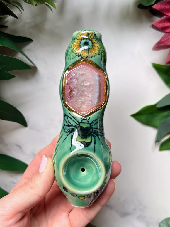 Hexagon Amethyst Pipe with Bee and Flowers Porcelain Smoking Pipe Clay Pipe