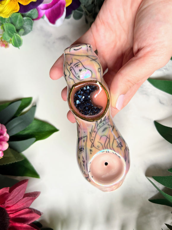 Cobalt Moon Pipe Taylor Cow Girl Ceramic Porcelain Smoking Pipe Clay Pipe