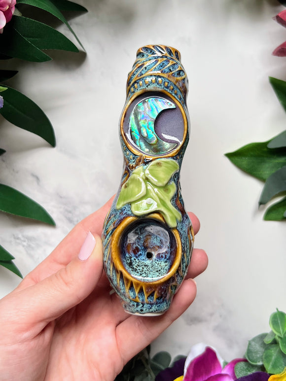 Abalone Moon Pipe with Luna Moth Ceramic Porcelain Smoking Pipe Clay Pipe