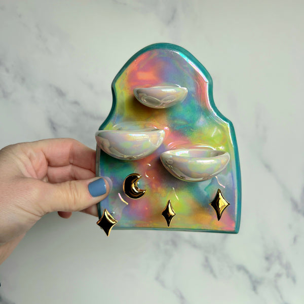 Fancy Rainbow Jewelry Wall Hanging 3 Dish Necklace Display with Gold Stars