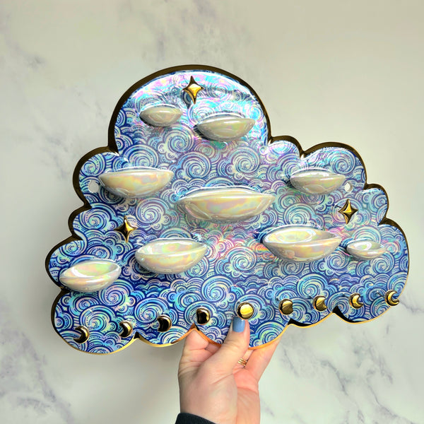 XL Cloud Jewelry Wall Hanging Ring Dish Necklace Display with Gold Moon H