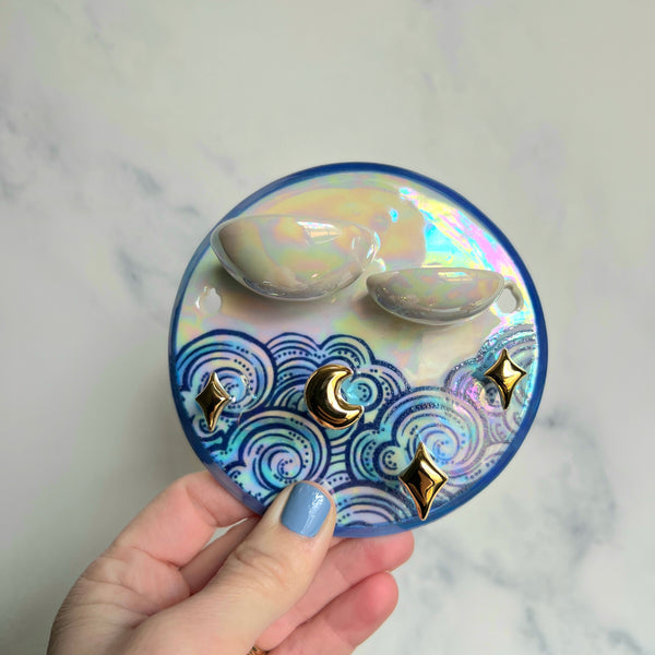 Mini Round Cloud Jewelry Wall Hanging 2 Dish Necklace Display with Gold Stars F