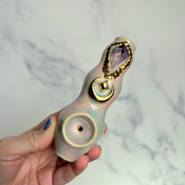 Amethyst Crystal Pipe Gold Moon Porcelain Piece