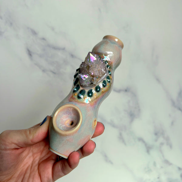 Aura Spirit Quartz Pipe, Pink Dots Crystal Porcelain Ceramic