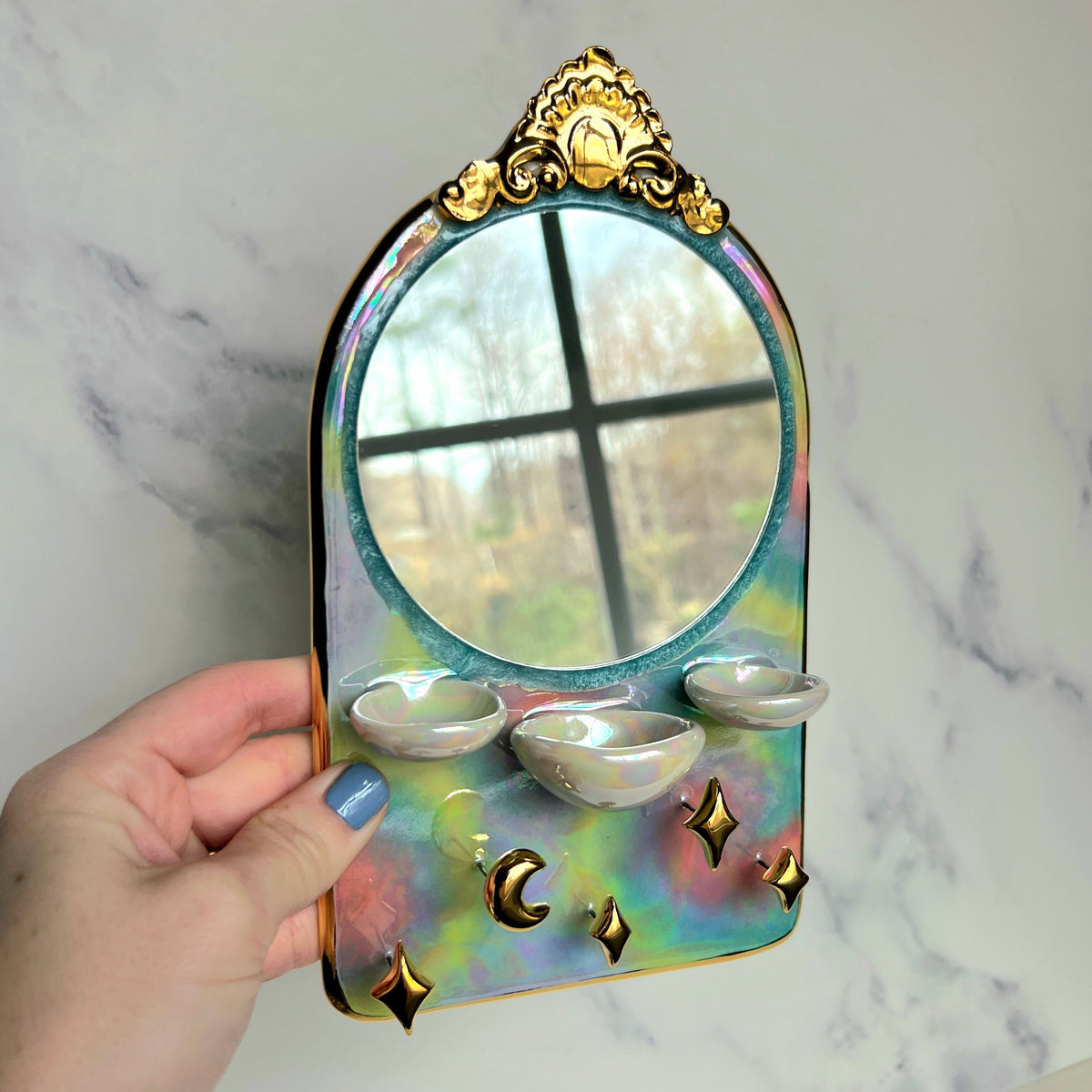 Arch Mirror Jewelry Wall Hanging Necklace Display with Ring Dishes