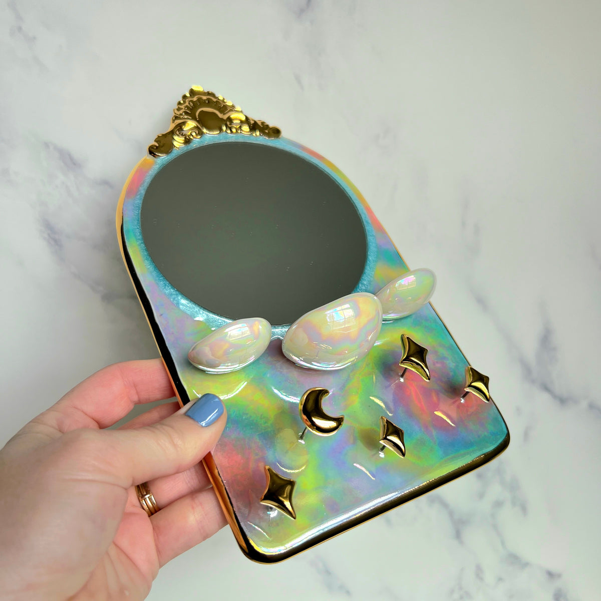 Arch Mirror Jewelry Wall Hanging Necklace Display with Ring Dishes