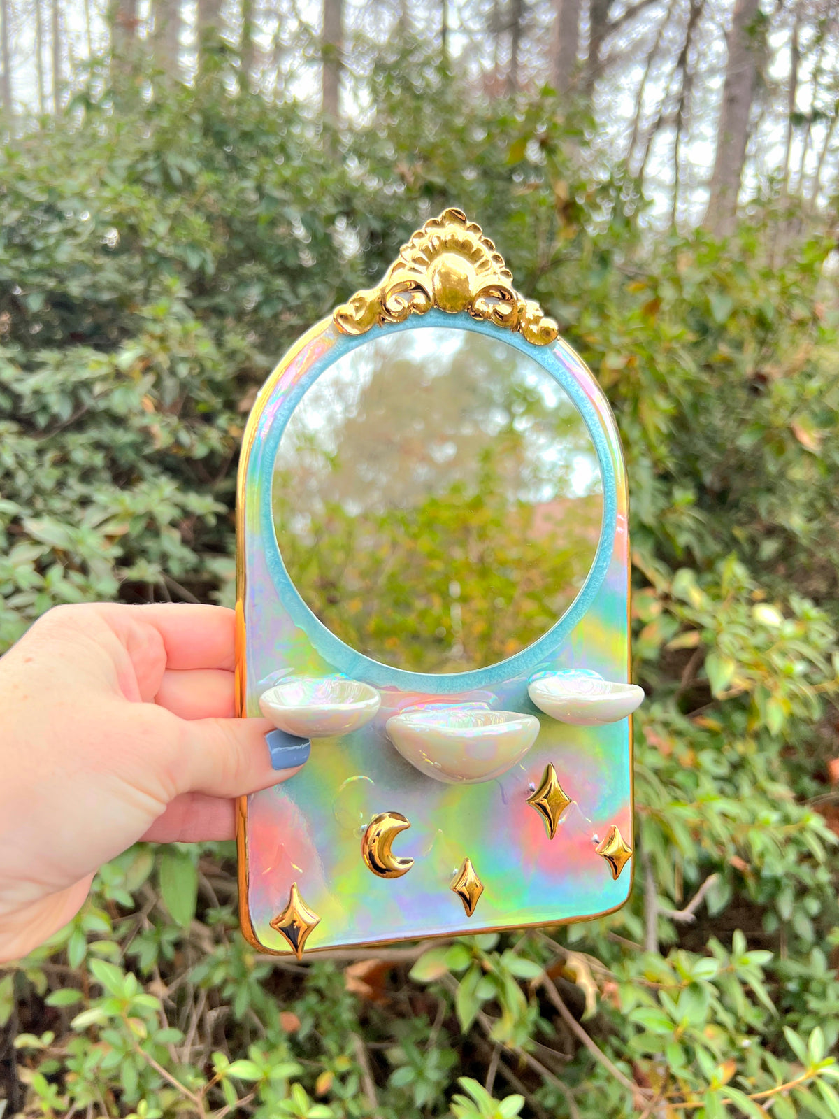 Arch Mirror Jewelry Wall Hanging Necklace Display with Ring Dishes