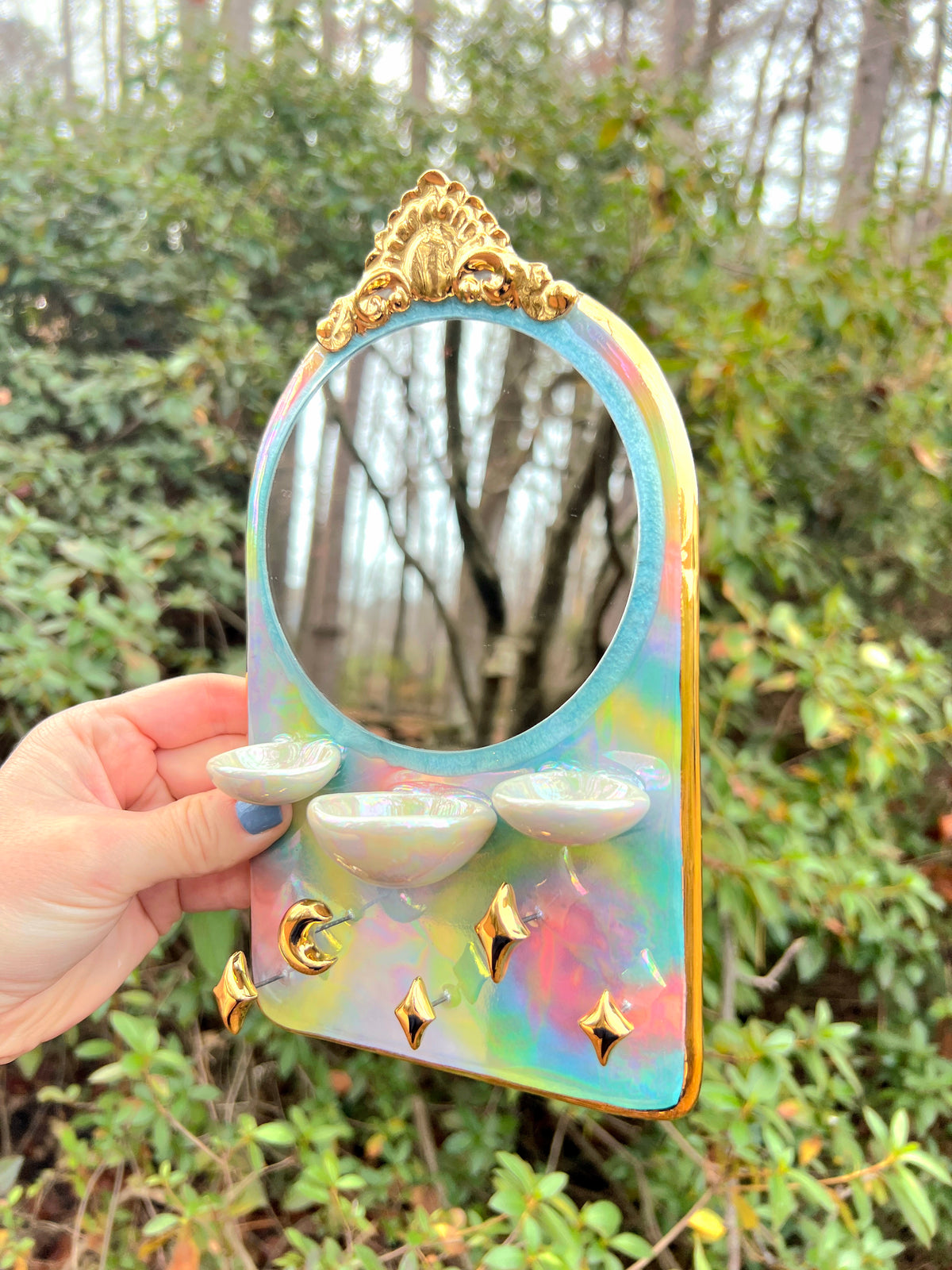 Arch Mirror Jewelry Wall Hanging Necklace Display with Ring Dishes