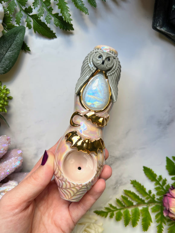 Moonstone Crystal Pipe with Gold Bats and Owl Porcelain Ceramic Smoking Pipe