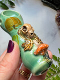 Cat Skull Pipe with Pumpkins and Mushrooom Spooky Porcelain Ceramic Smoking Pipe