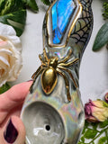 Labradorite Pipe, Coffin with Gold Spider Spooky Porcelain Smoking Pipe Clay Pipe