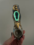 Labradorite Pipe, Coffin with Gold Spider Spooky Porcelain Smoking Pipe Clay Pipe