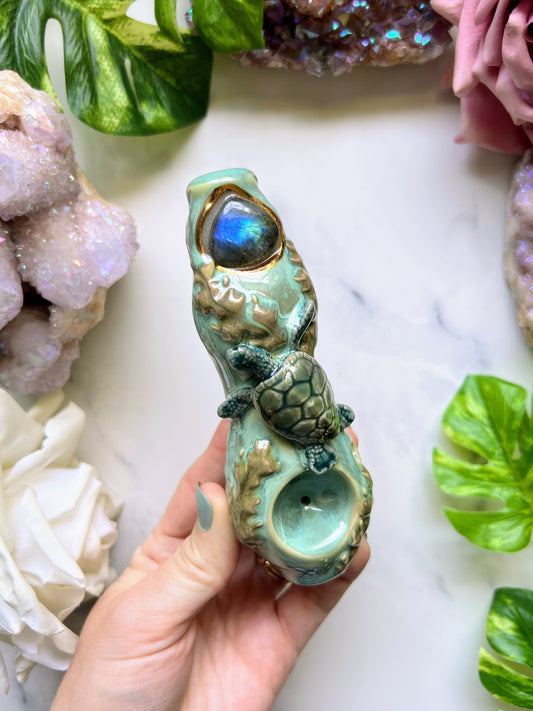 Labradorite Turtle Pipe, Green Porcelain Smoking Pipe Clay Pipe