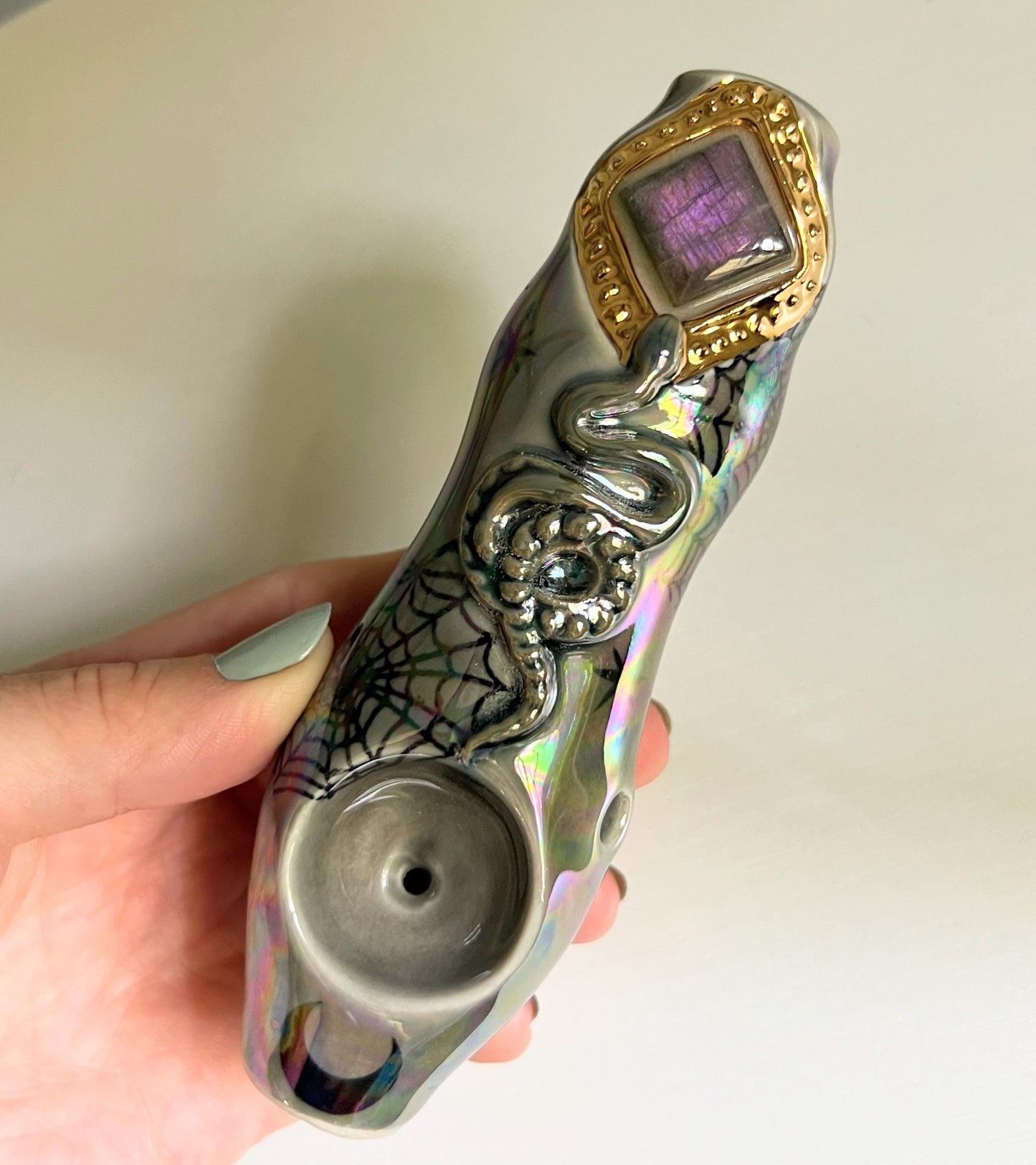 Purple Labradorite Pipe, Snake Spiderweb Porcelain Smoking Pipe Clay Pipe