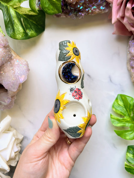 Cobalt Moon Crystal Pipe with Sunflowers Ceramic Porcelain Smoking Pipe Clay Pipe