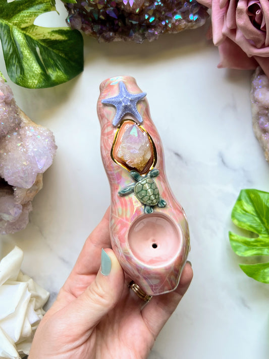 Aura Spirit Quartz Pipe with Sea Turtle Star Fish Monstera Crystal Porcelain Ceramic Smoking Pipe