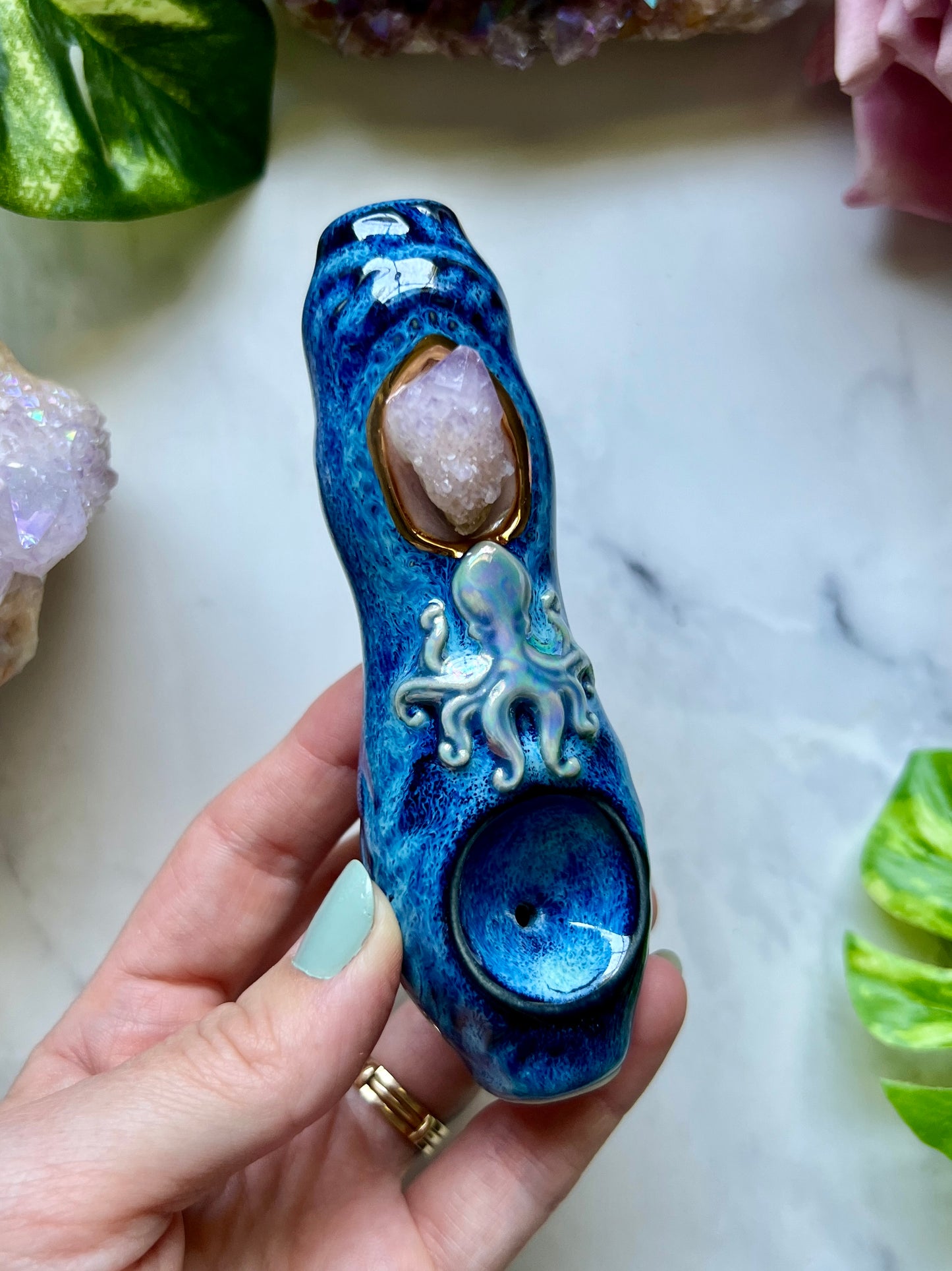 Aura Spirit Quartz Pipe with Octopus Crystal Porcelain Ceramic Smoking Pipe