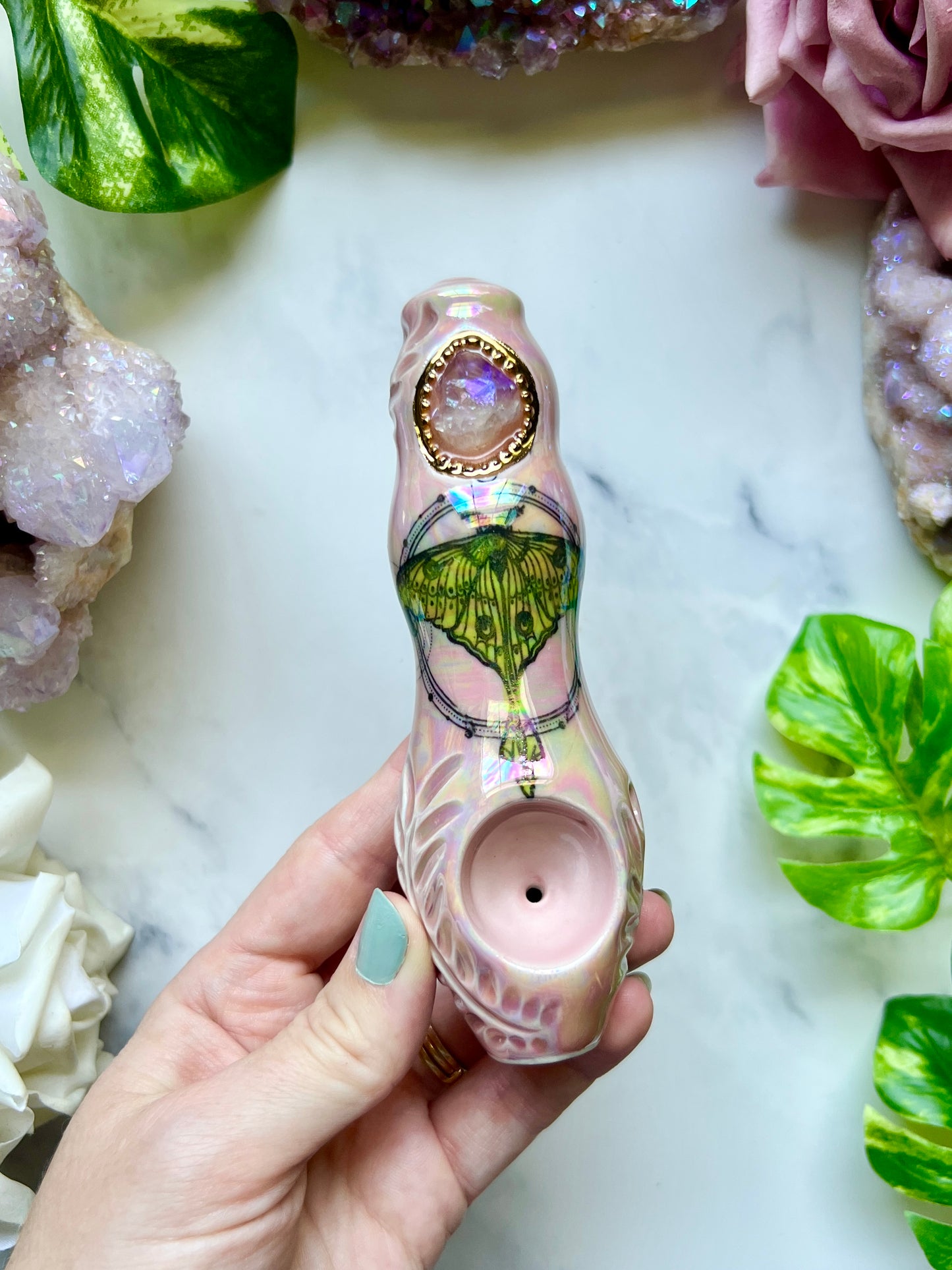 Aura Amethyst Pipe with Luna Moth Ceramic Porcelain Smoking Pipe