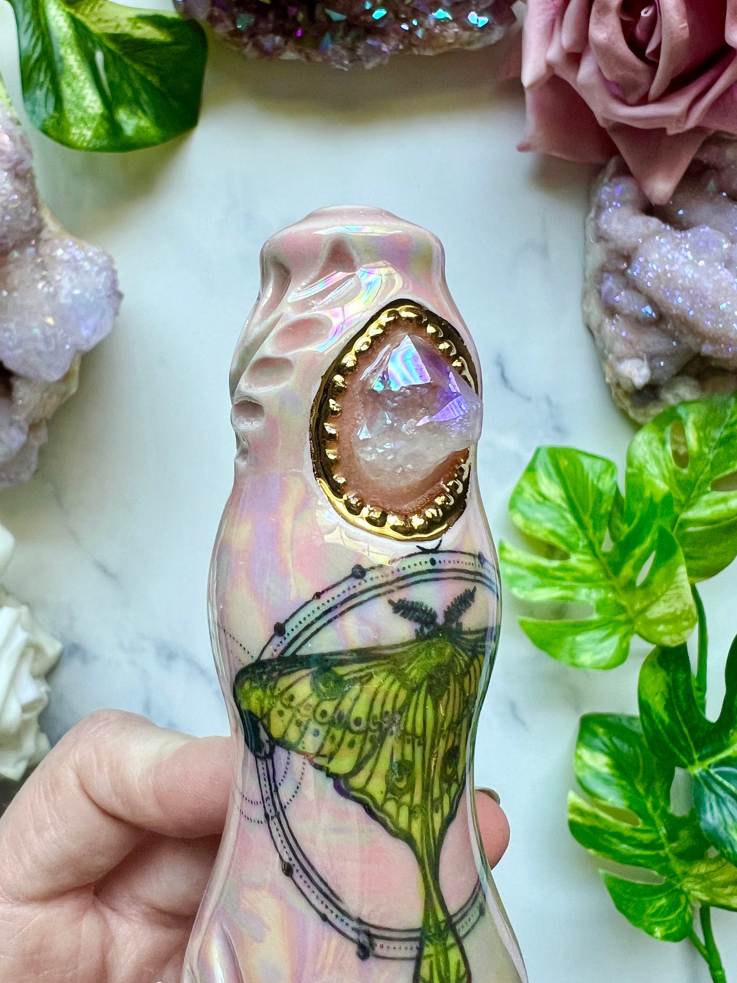 Aura Amethyst Pipe with Luna Moth Ceramic Porcelain Smoking Pipe