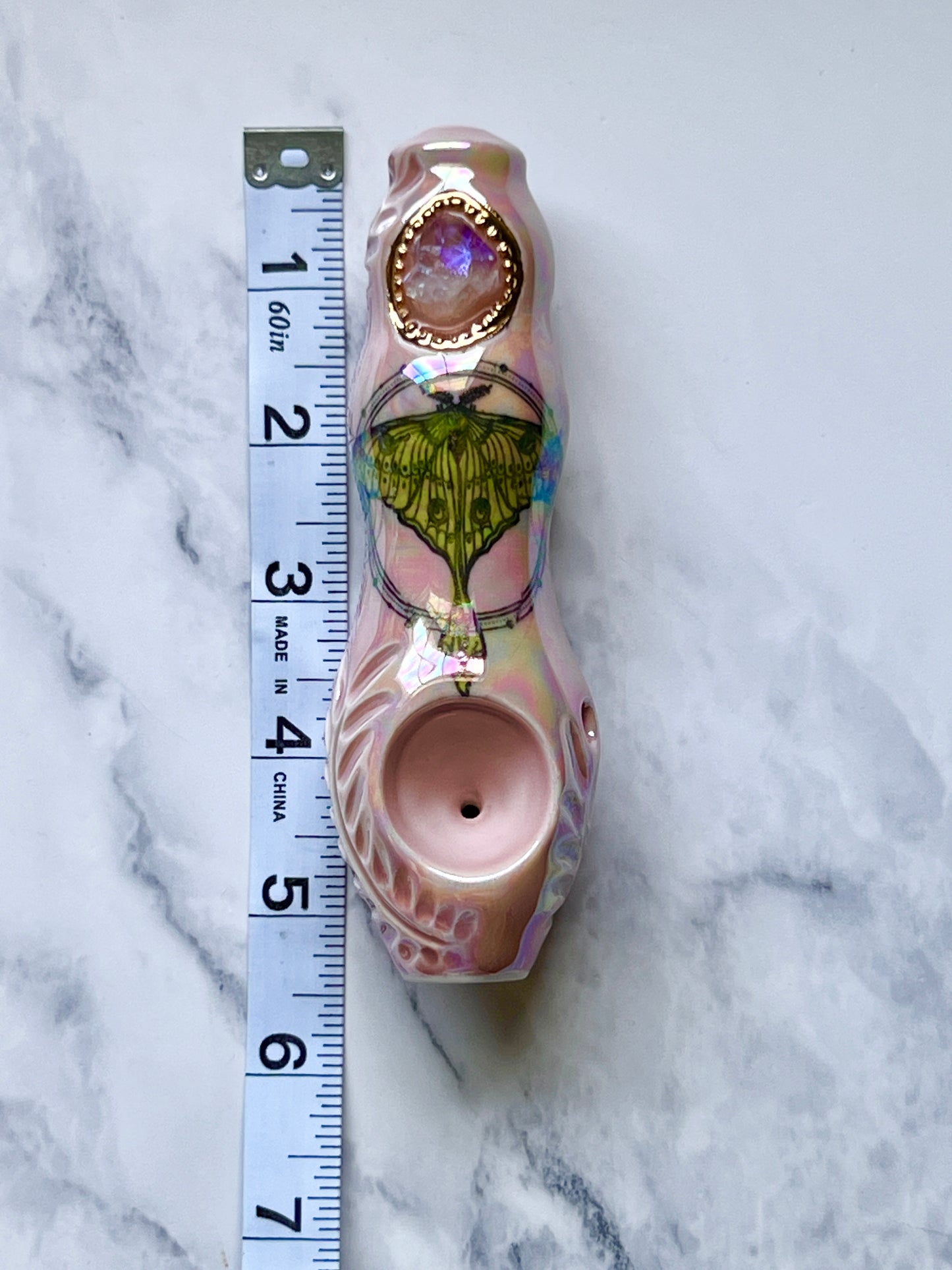 Aura Amethyst Pipe with Luna Moth Ceramic Porcelain Smoking Pipe