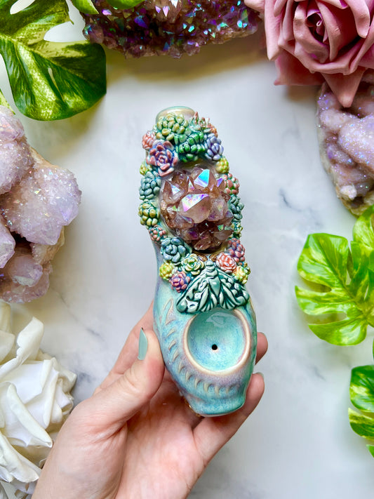 Aura Spirit Quartz Pipe, Succulent and Moth Crystal Porcelain Ceramic Smoking Pipe