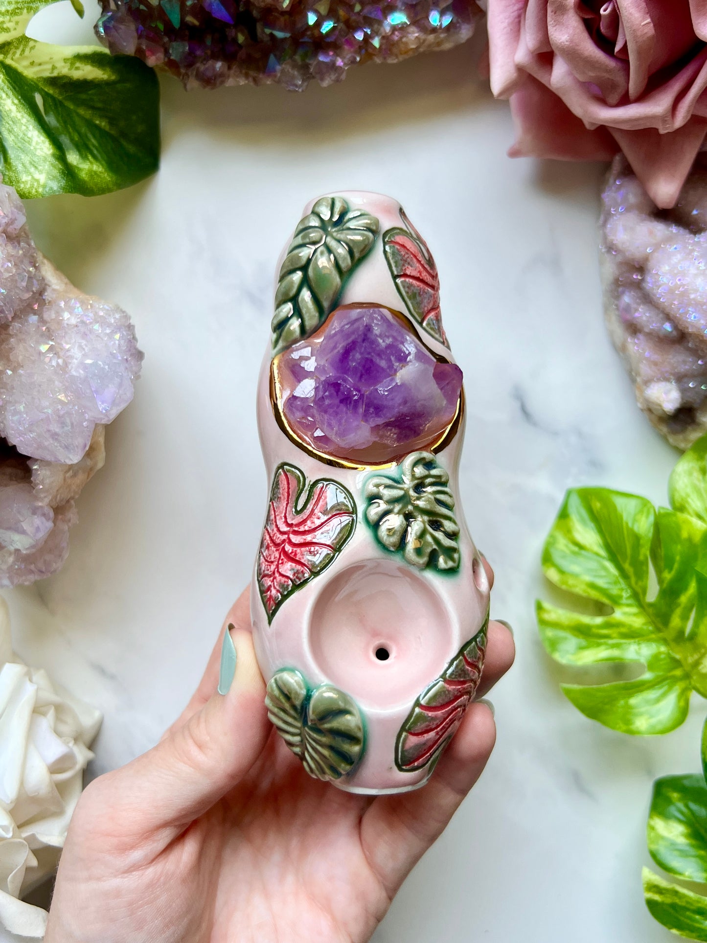 Amethyst Pipe with Caladium Leaves Ceramic Porcelain Smoking Pipe