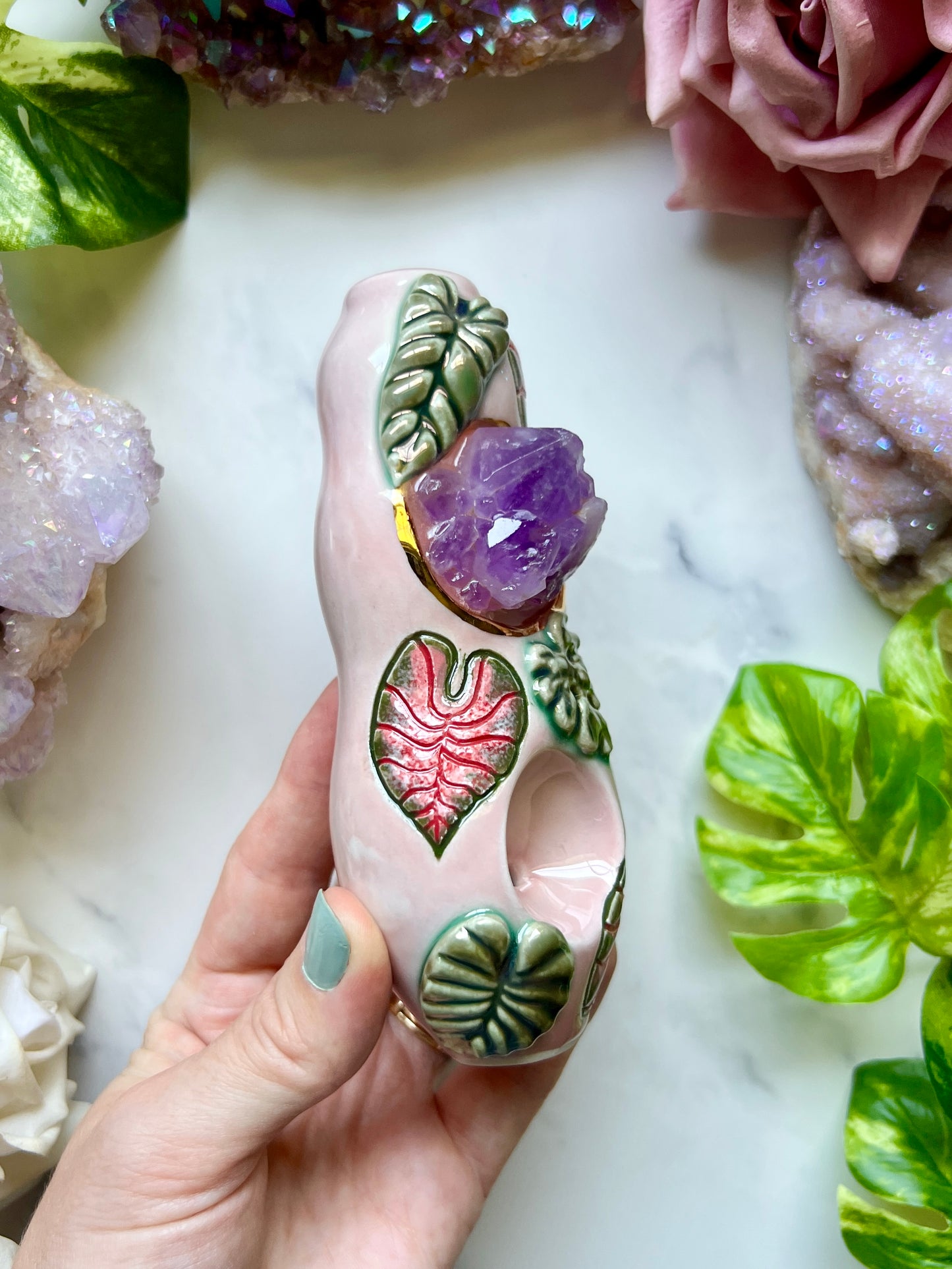 Amethyst Pipe with Caladium Leaves Ceramic Porcelain Smoking Pipe