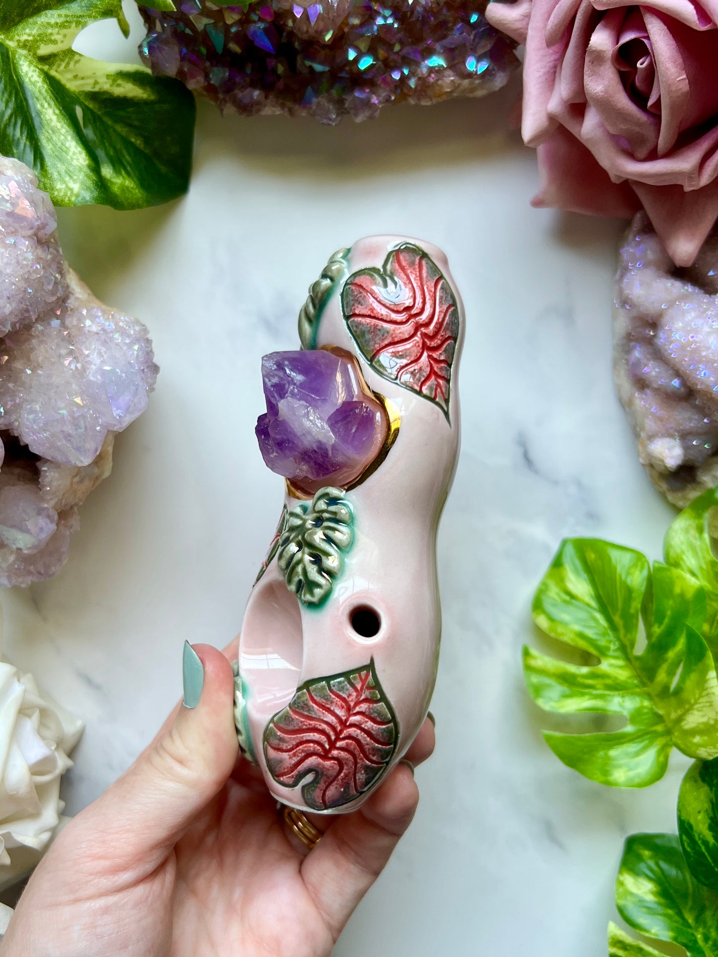 Amethyst Pipe with Caladium Leaves Ceramic Porcelain Smoking Pipe