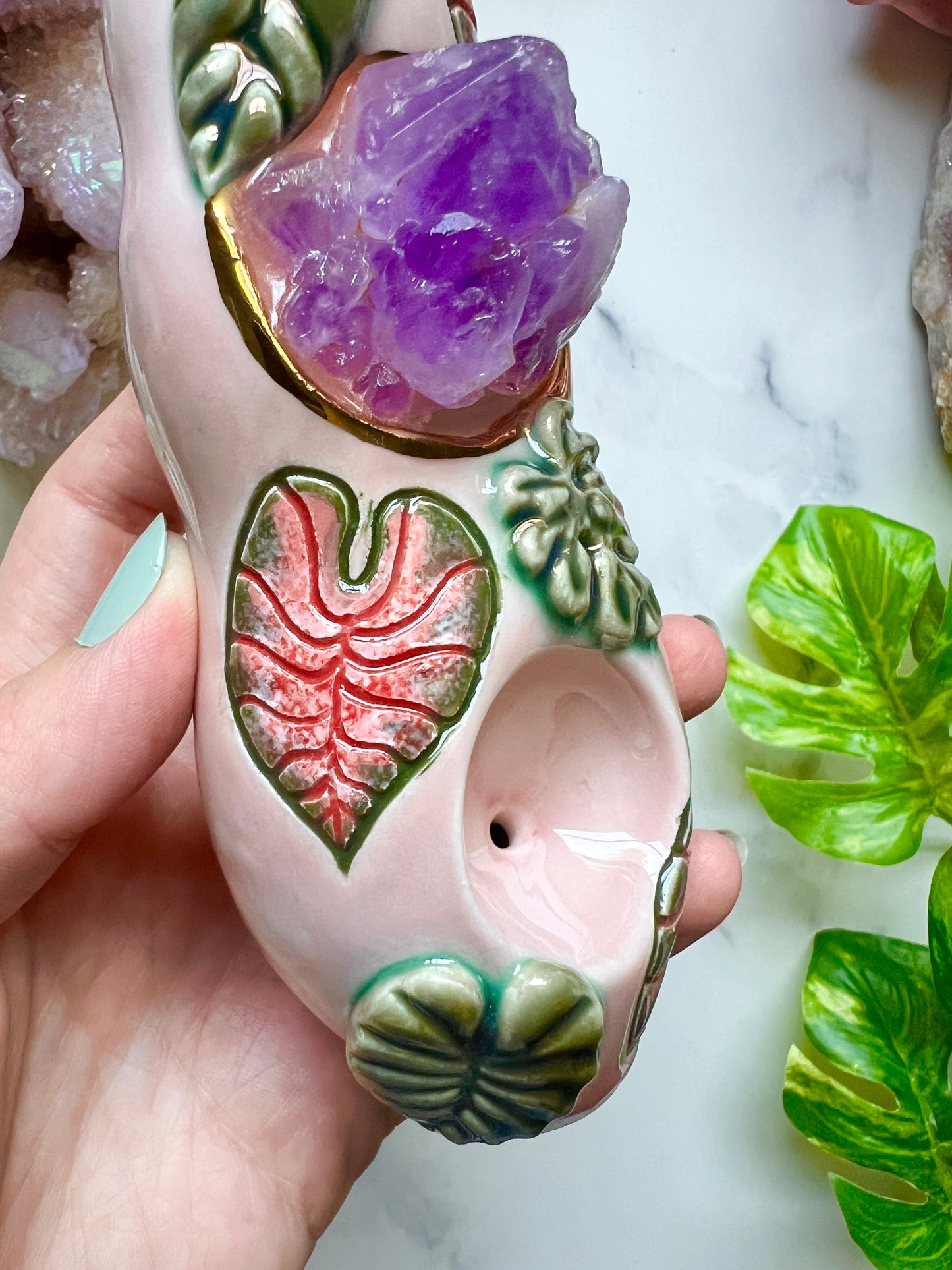 Amethyst Pipe with Caladium Leaves Ceramic Porcelain Smoking Pipe