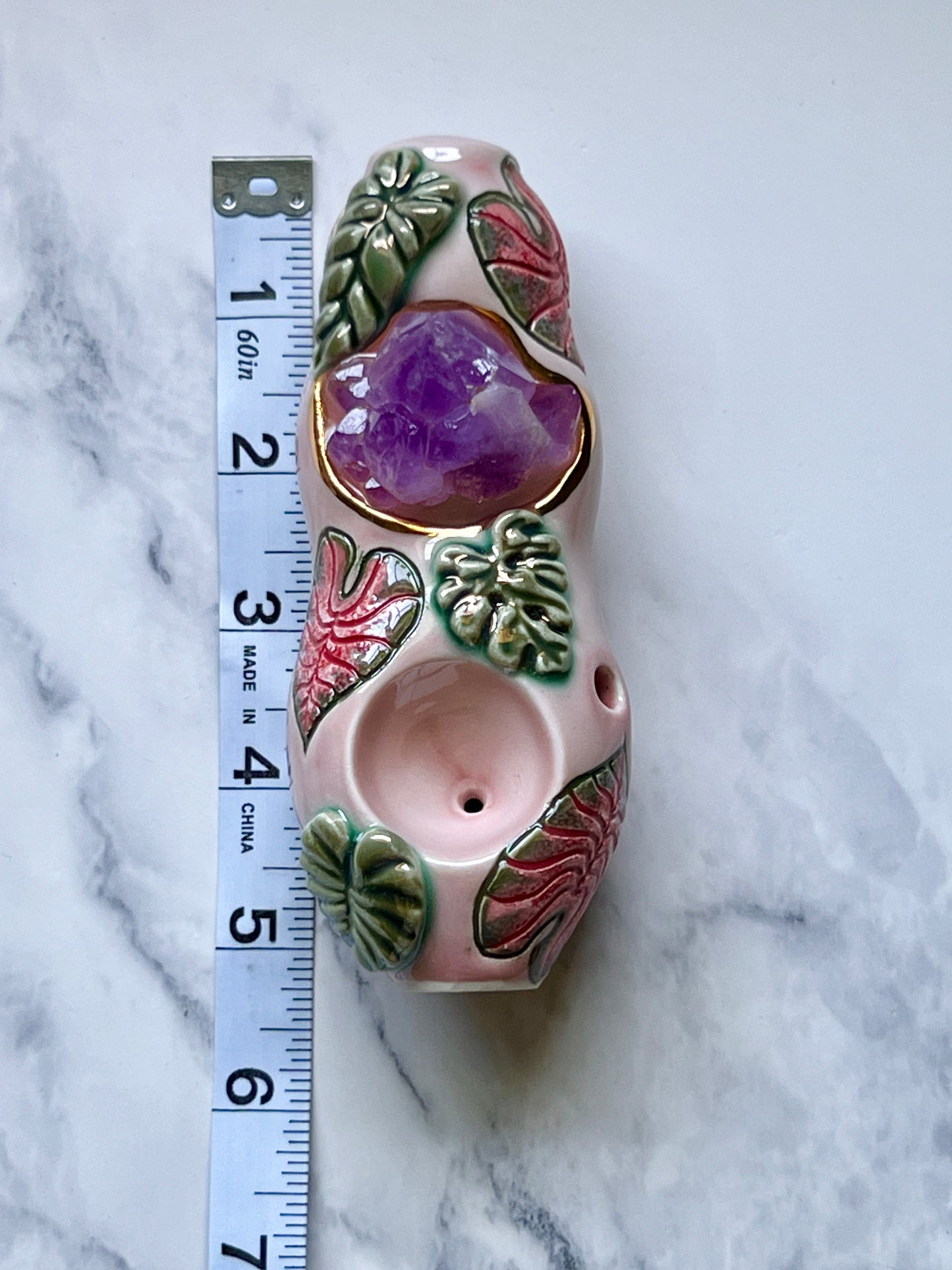 Amethyst Pipe with Caladium Leaves Ceramic Porcelain Smoking Pipe